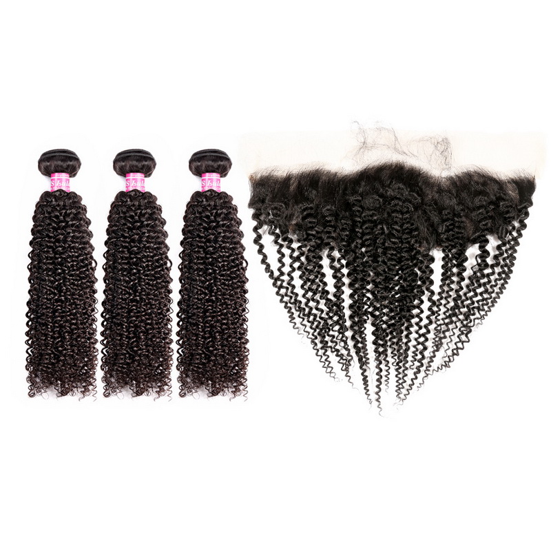 Kinky Curl Virgin Hair Bundles With 13x4 Medium Brown Lace Frontal